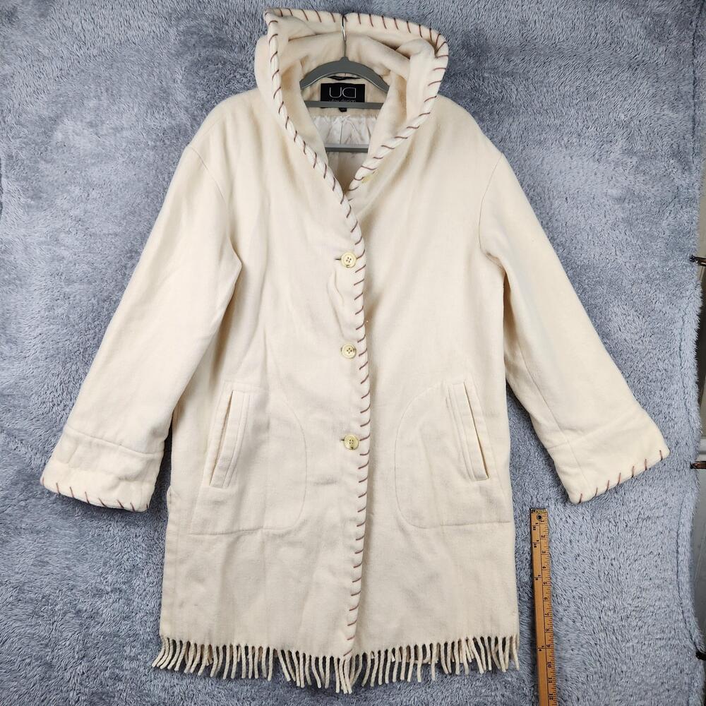 Vintage Utex Design Coat Womens Medium White Hooded Wool Cashmere Fringe Lined